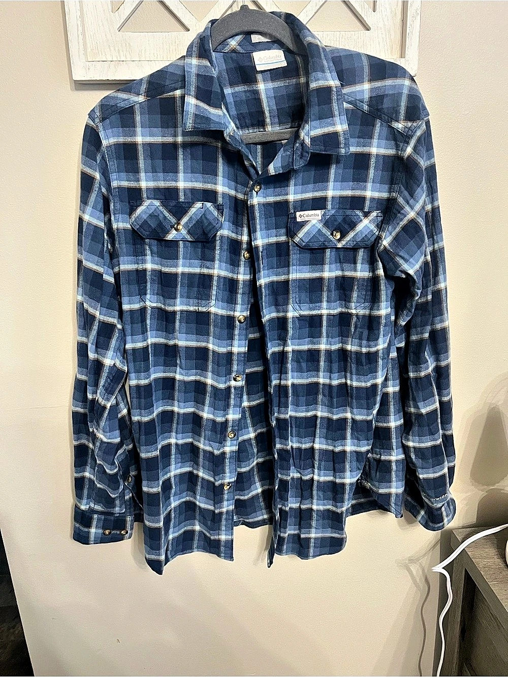 Columbia Men's Flare Gun Stretch Flannel Long Sleeve Shirt Blue & White Medium